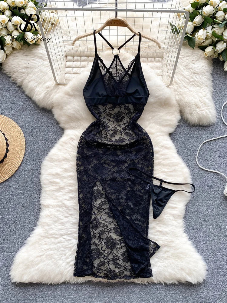 SINGREINY Summer France Sensual Night Dress Erotic Hollow Out Camis Lingerie Nightwear Women Split Slim Sheer Lace Pajamas Dress 241205