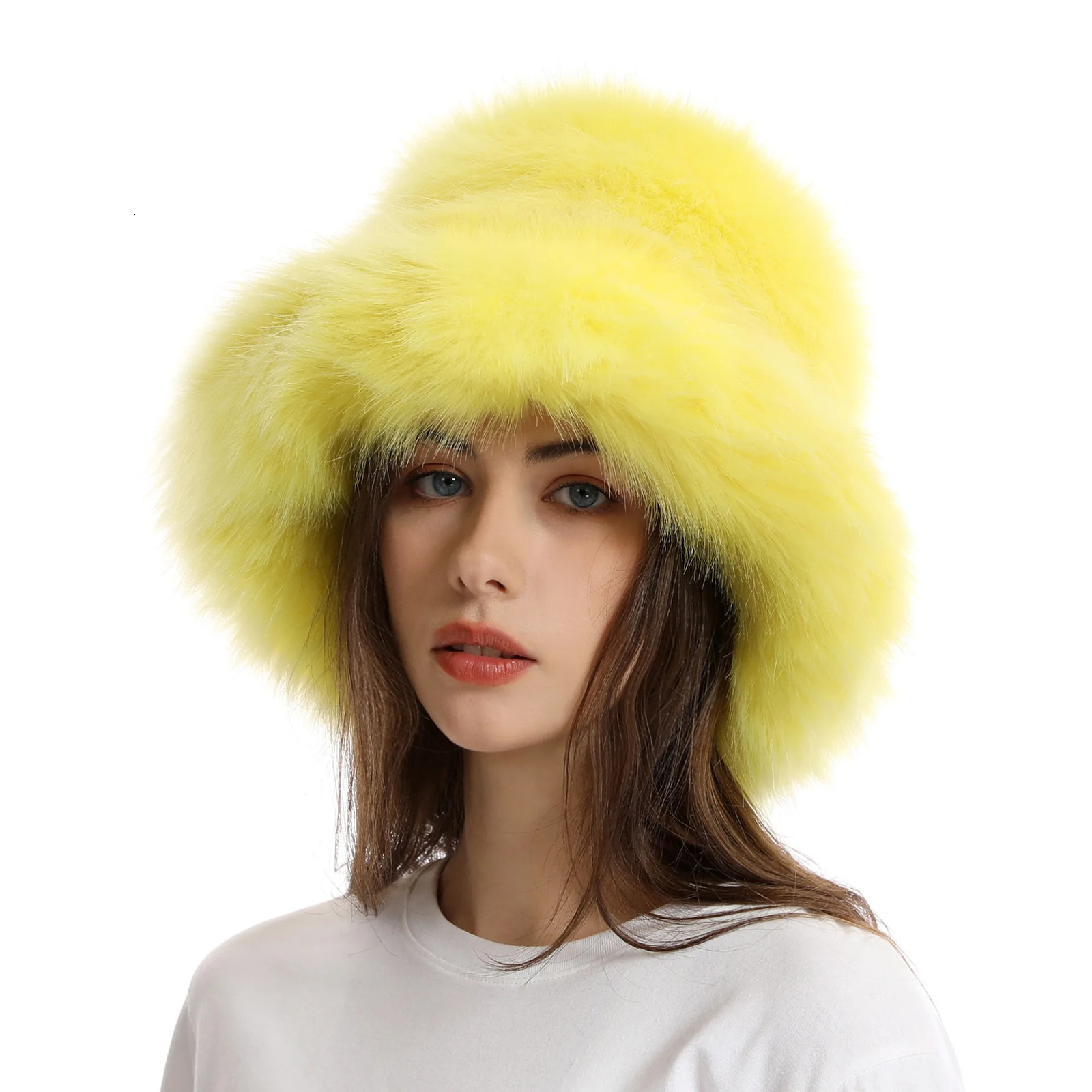 Warm wool hat in winter womens autumn and winter wide brown thick fur fox fur base hat solid color bucket hat 241205