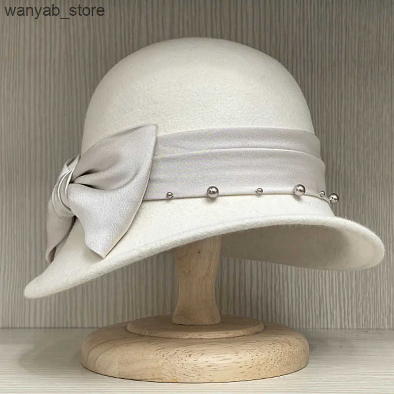 Cloches Fashion Slope Brim Felt Womens Hat Winter Wool Cloche Hat Ribbon with Pearl Bowling Hat Bucket with Bow Accent Church Party Hat L240910
