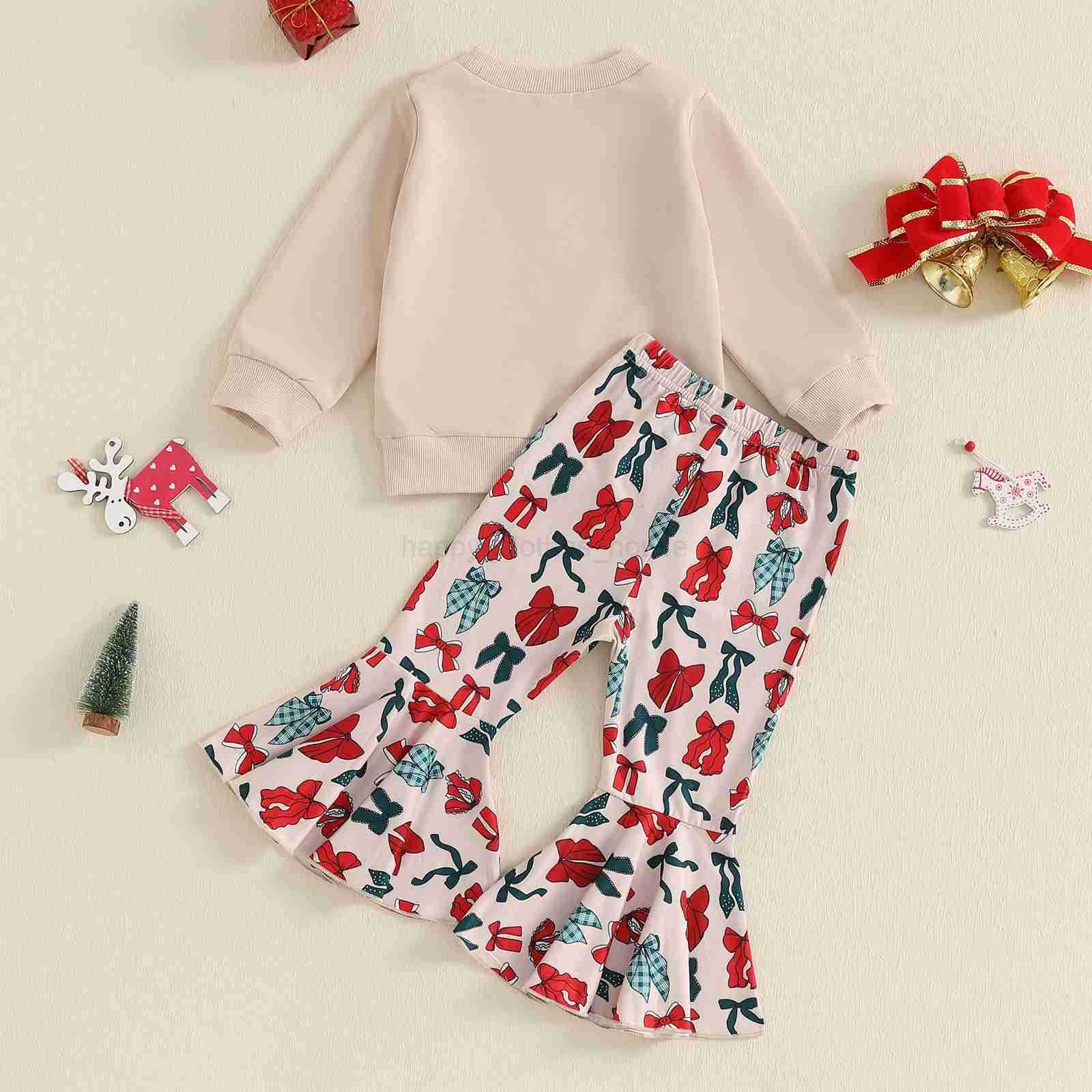 1-4Years Kids Baby Girl Christmas Outfits Fashion Autumn Bow Print Long Sleeve Sweatshirt with Flare Pants 2Pieces Toddlers SetsXJ241205