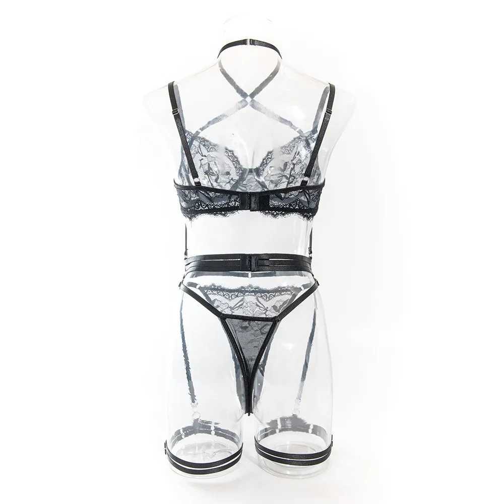 Women Sexy Transparent Lace Underwear Sets Fashion Cross Halter Lingerie Push Up Bodycon 4 Pieces Erotic Bra Brief SuitXJ241205