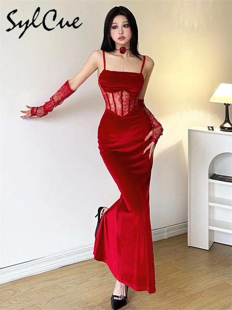 Sylcue Winter Sisters Party Formal Elegant Mature Sexy Beautiful Dirty WomenS Long Lace Fishbone Sling Dress With Sleeve 241205