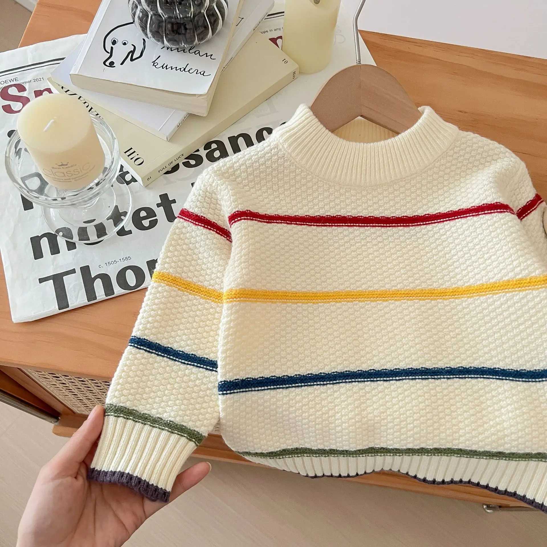2024 Spring/Autumn Baby Boys Sweater Cotton Striped Long Sleeve Little Boys Pullover Round Neck Knitted Childrens Top W241205