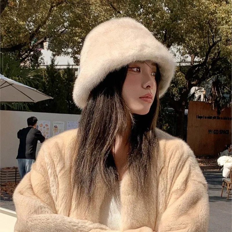 Customized winter mink fisherman thick hat for women warm and fluffy bucket hat 241205