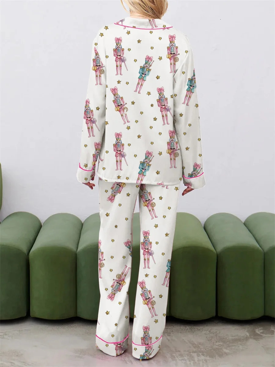 Women Christmas Pajama Set Cute Nutcracker Print Long Sleeve Button Down Shirt Pants Satin Silk PJ Set 2 Piece Jammies 241204