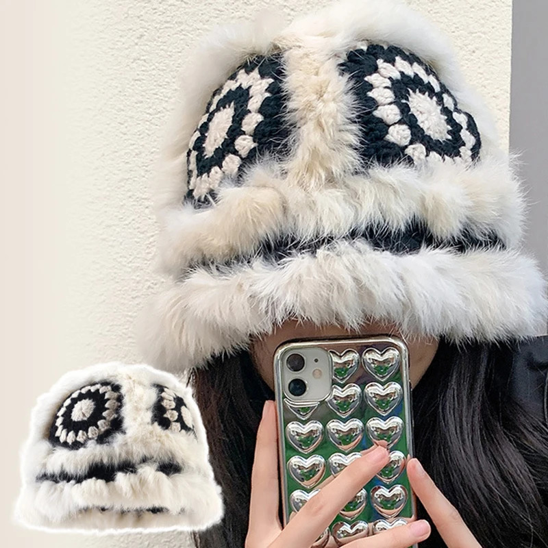 Rabbit fur knitted plush hat womens autumn and winter fluffy tiger head lion awakening hat cute display face small wool hat 241205