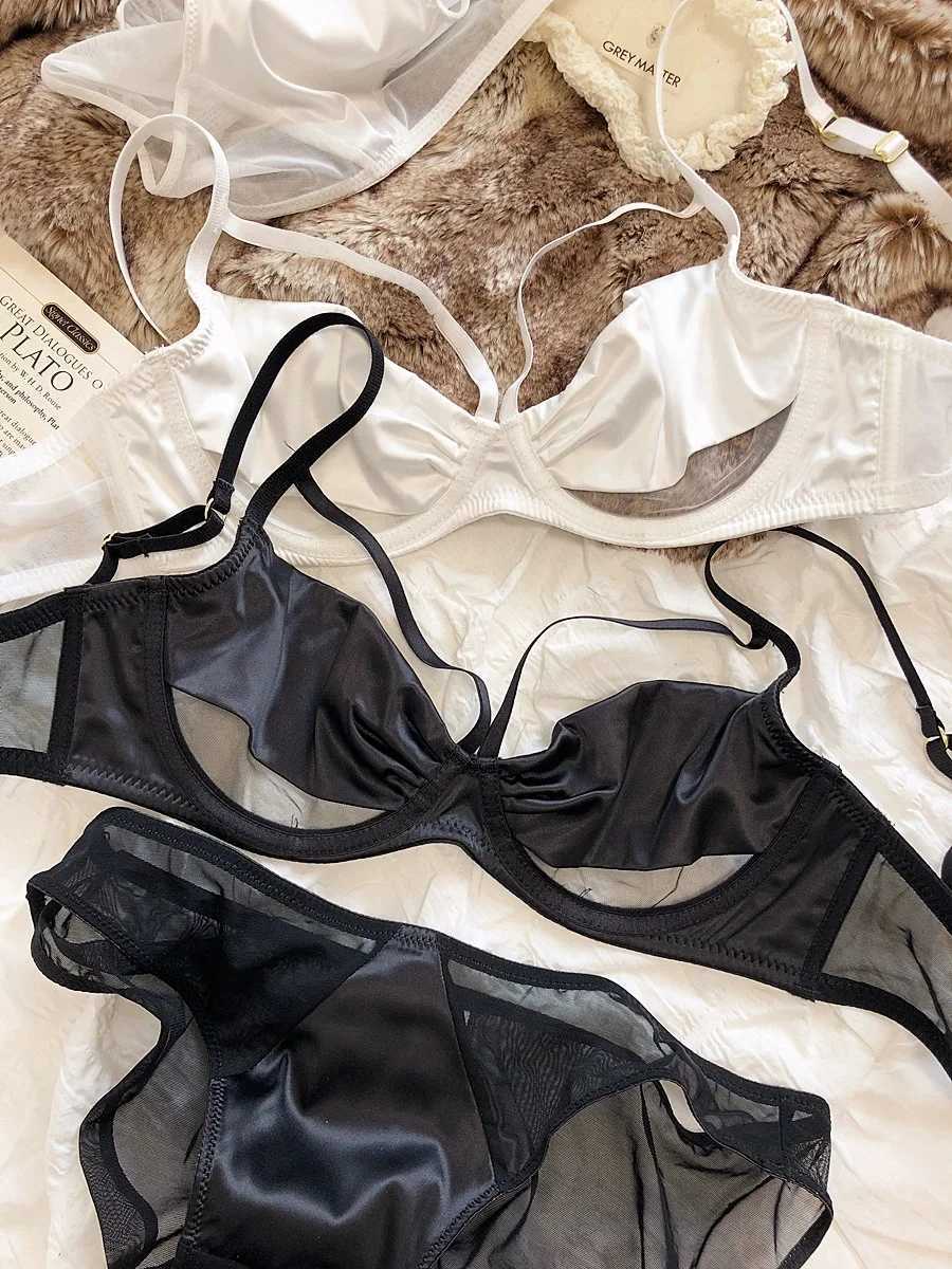 Simple glossy lingerie female sexy thin satin mesh lace with steel ring bandage bra underwear setXJ241205