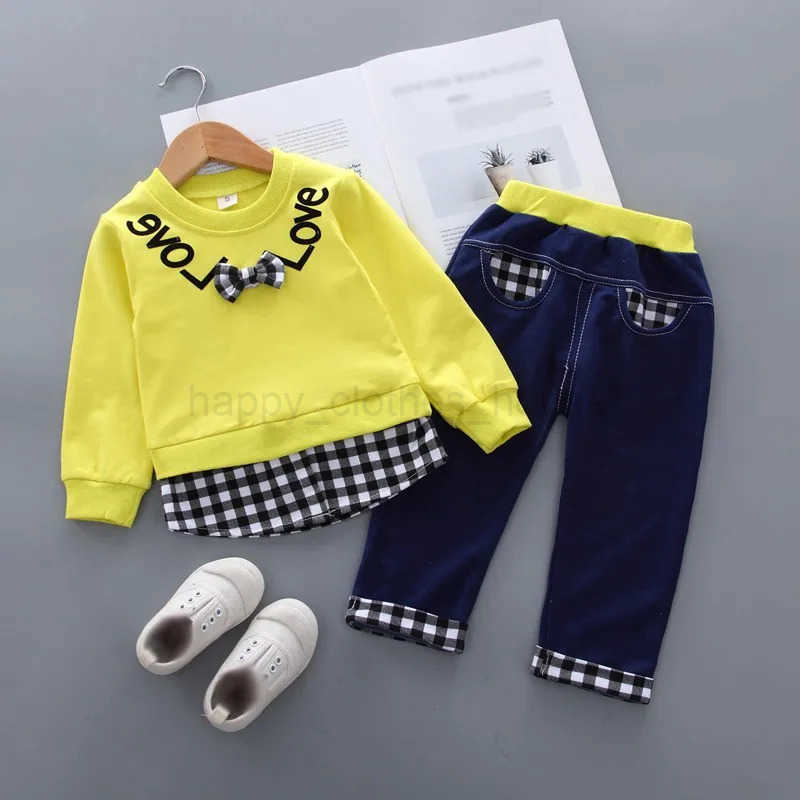 2Pcs/set Autumn Girls Clothes Sets Children Sweet Bowknot Long Sleeve Pullover T-shirt + Denim Pants Kids Loungewear SuitsXJ241205