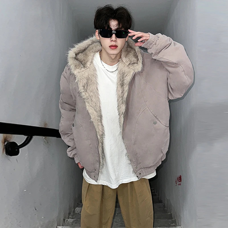 LUZHEN casual edition hooded padded jacket fashionable unisex niche solid color faux fur splicing high-quality Parkas men LZ8027 241202