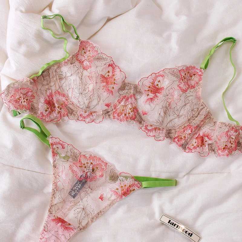 Mesh embroidery sexy underwear steel ring bra thin lingerie set women push up bras with pants suitXJ241205