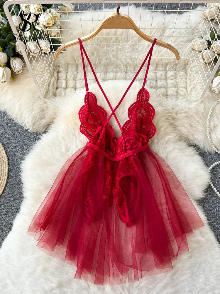 SINGREINY Sensual Shapewear Lace Lingerie Nightwear Women V-Neck Open crotch Slim Pajamas Summer Sheer Mesh Short Night Dress 241205