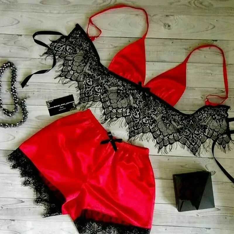 New Women Pajama Sets Sexy Lingerie Underwear Silk Satin Pajamas Crop Tops Bra+Shorts Sets Sexy V-Neck Sleeveless NightwearXJ241205