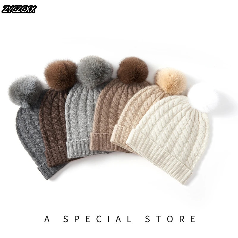 Natural 100% pure cashmere womens hat winter outdoor fluffy hat knitted jacquard bean hat warm hat 241205