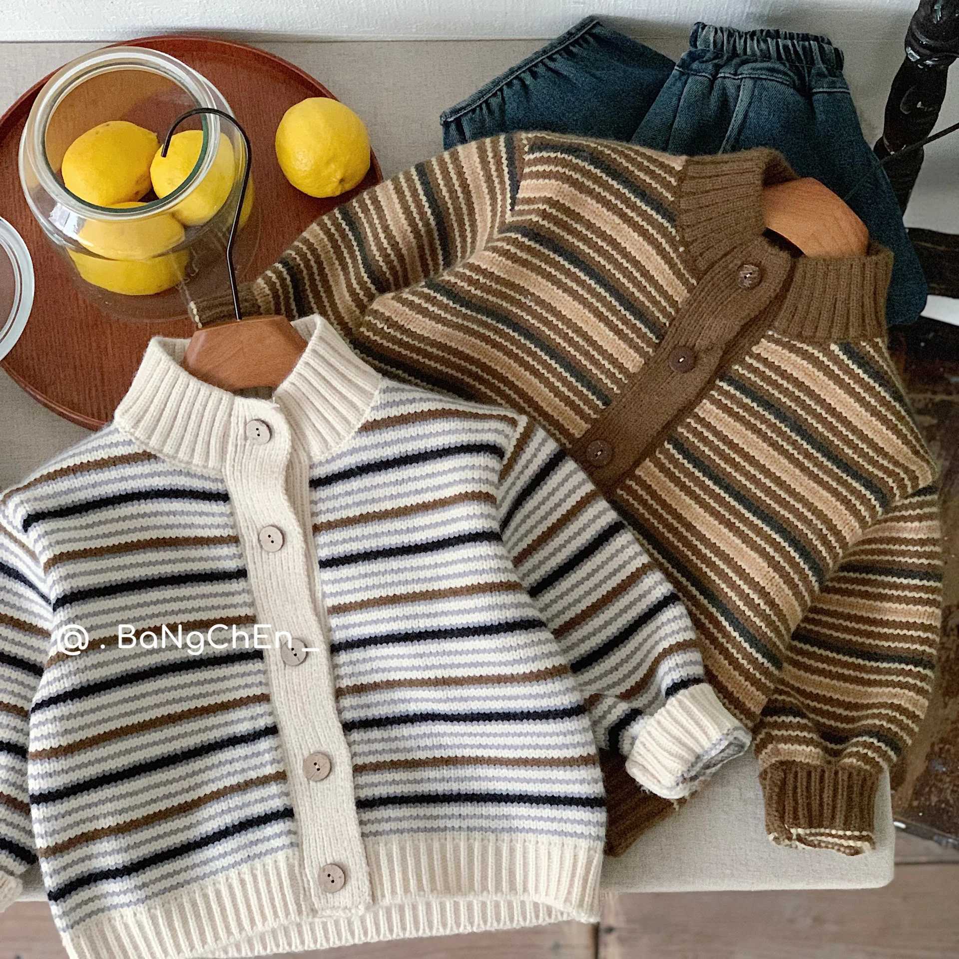 Childrens Boys Sweater 2024 Autumn Winter Striped Knitted Button Baby Boys Coat Cotton Warm Versatile Childrens Boys Knitted Button W241205