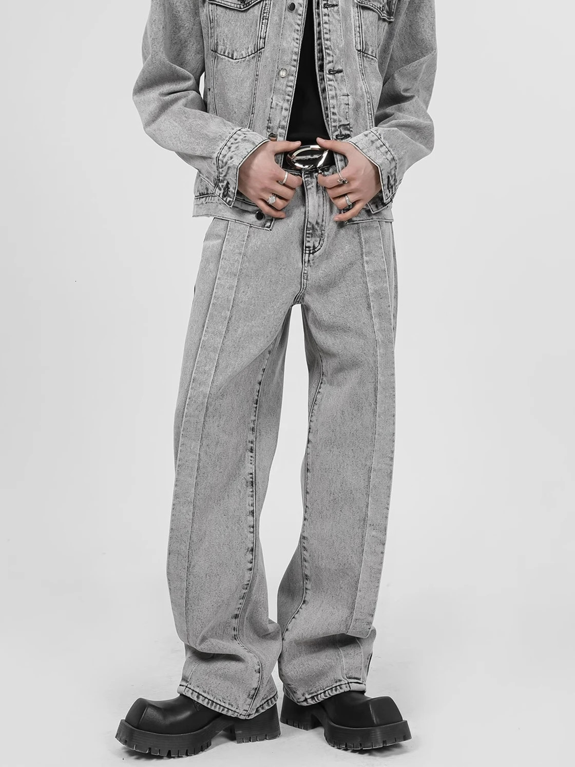 Gmiixder Gothic Spliced Shoulder Pad Denim Jacket Mens Spring and Autumn er Retro Washed Grey Jeans Two Piece/Single Set 241130