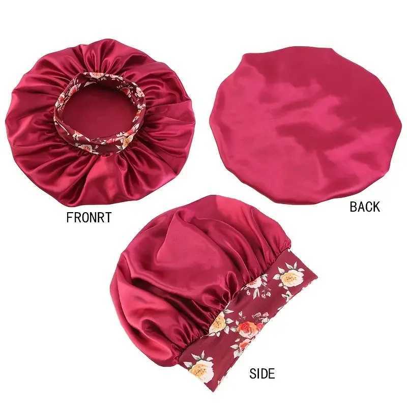 Large satin hat with Bohemian floral print elastic headband soft salon hair hat casual evening sleeping hat bath hatXJ241205
