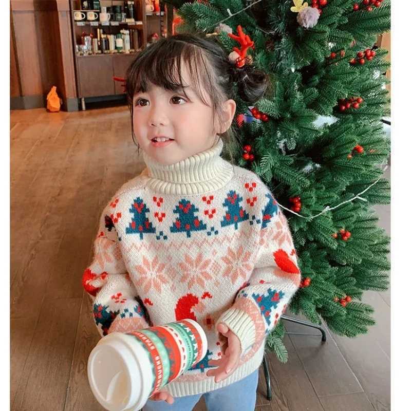 Winter Comfortable and Warm Velvet Knitted Christmas Snowman Christmas Hat Baby Girl Sweater High Collar Childrens Top W241205