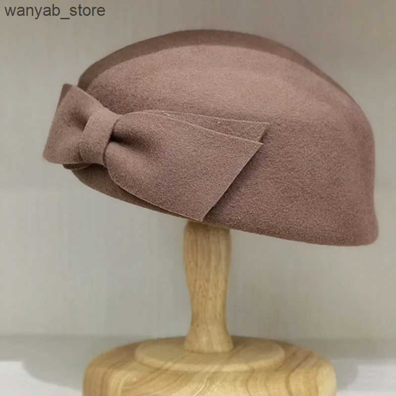 Cloches Retro style womens winter wool hat with bow decoration dress charming beret formal church new tilted L240910 L0910