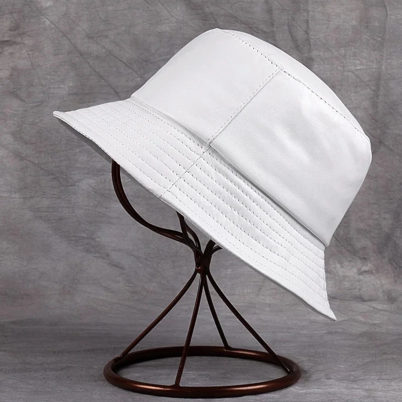 Spring/Winter Japanese unisex leather bucket hat mens/womens white/khaki fishermans hat easy to carry street hat 241205