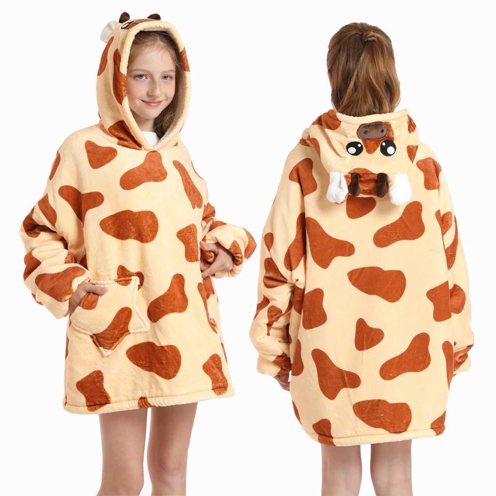 Pajamas 2024 Winter Kids Hoodies Girls Oversize Blanket Boys Cartoon Sweatshirts Thicken Plus Velvet Warm Tops Children Loose Clothing H241205