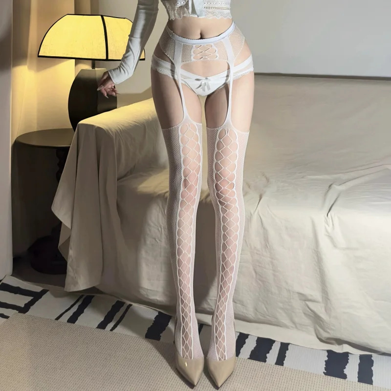 Sexy Hollowedout Fishnet Suspender Stocking Black White Red Purple Medias Transparent Thin Y2K Thigh High Socks Party Cl 241204