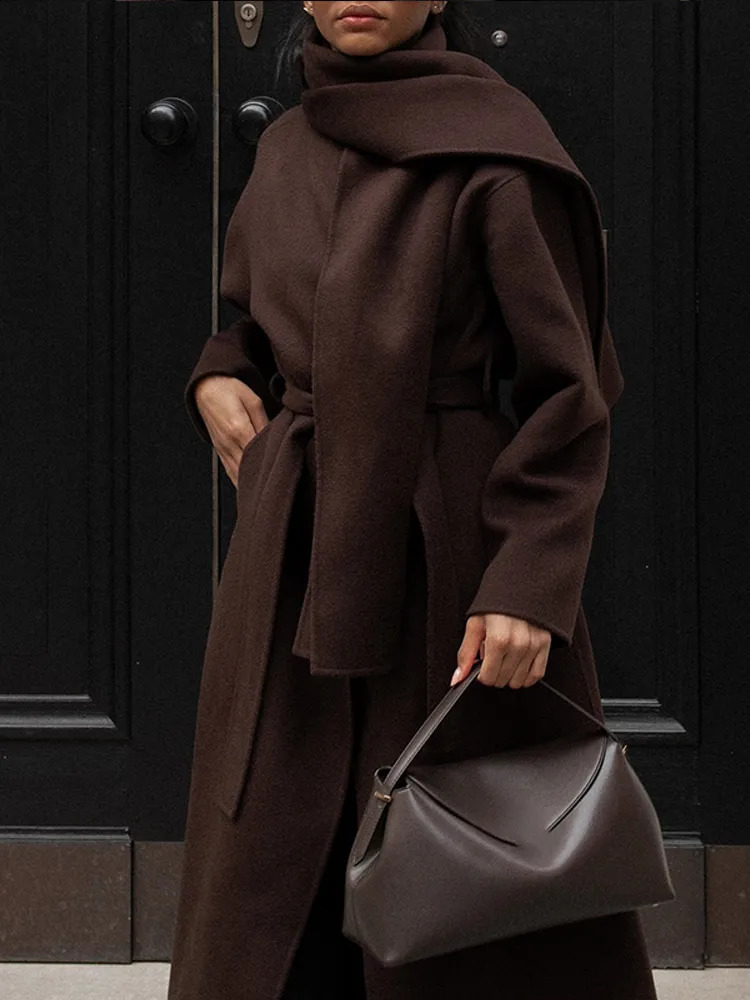 2024 Vintage Brown Scarf Collar Womens Overcoat With Belt Fashion Long Sleeve Pockets Woolen Jacket Lady Loose Streetwear y241205