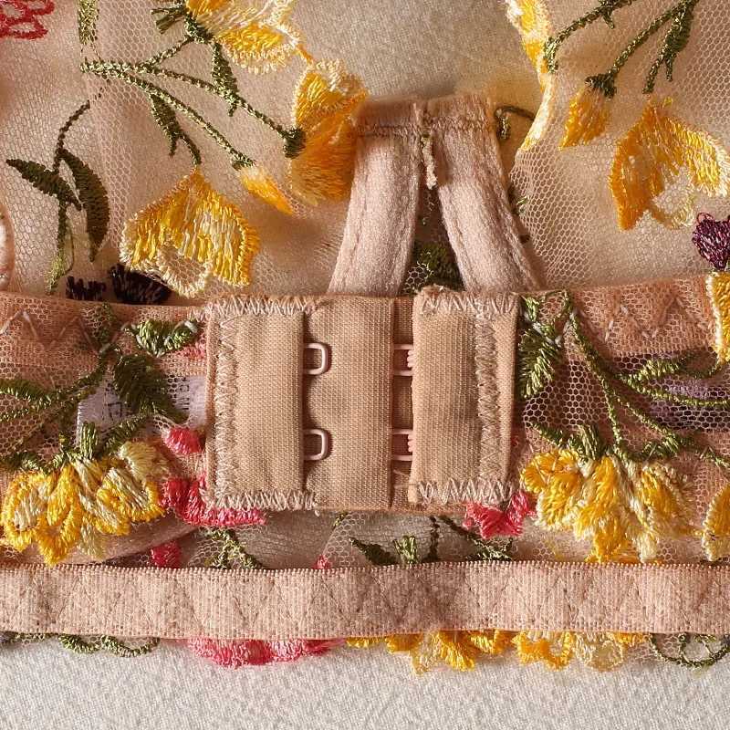 Floral Embroidery Lingerie Set Women Sheer 2-Piece Boho Bra + Panty Underwear Set IntimatesXJ241205