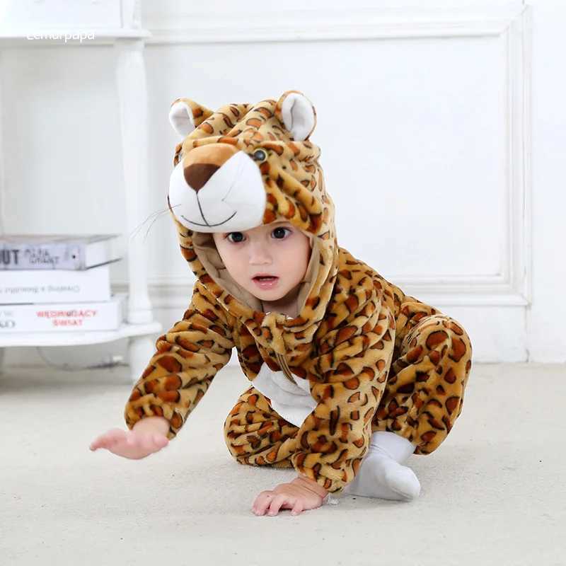 Pajamas Leopard Romper Baby Warm Jumpsuit Boy Girl Winter Outfit Halloween Animal Suit Funny Cute Onesie Festival Pajama Party Clothes H241205