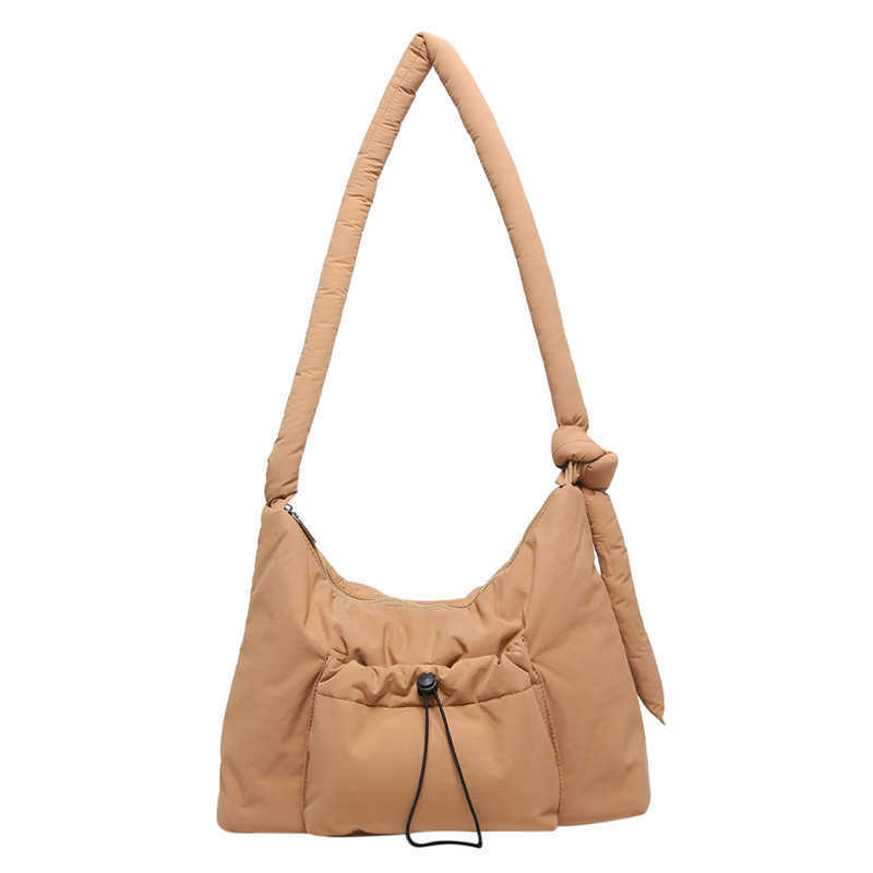 Casual nylon fabric single shoulder crossbody bag women, cotton clip, knottable shoulder strap handbag, cotton filled drawstring tote bag 241215
