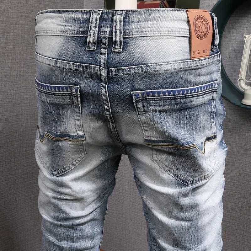 Fashion designer mens jeans retro light blue elastic slim print cracked jeans mens hole Trouser retro casual pants Hombre W241205
