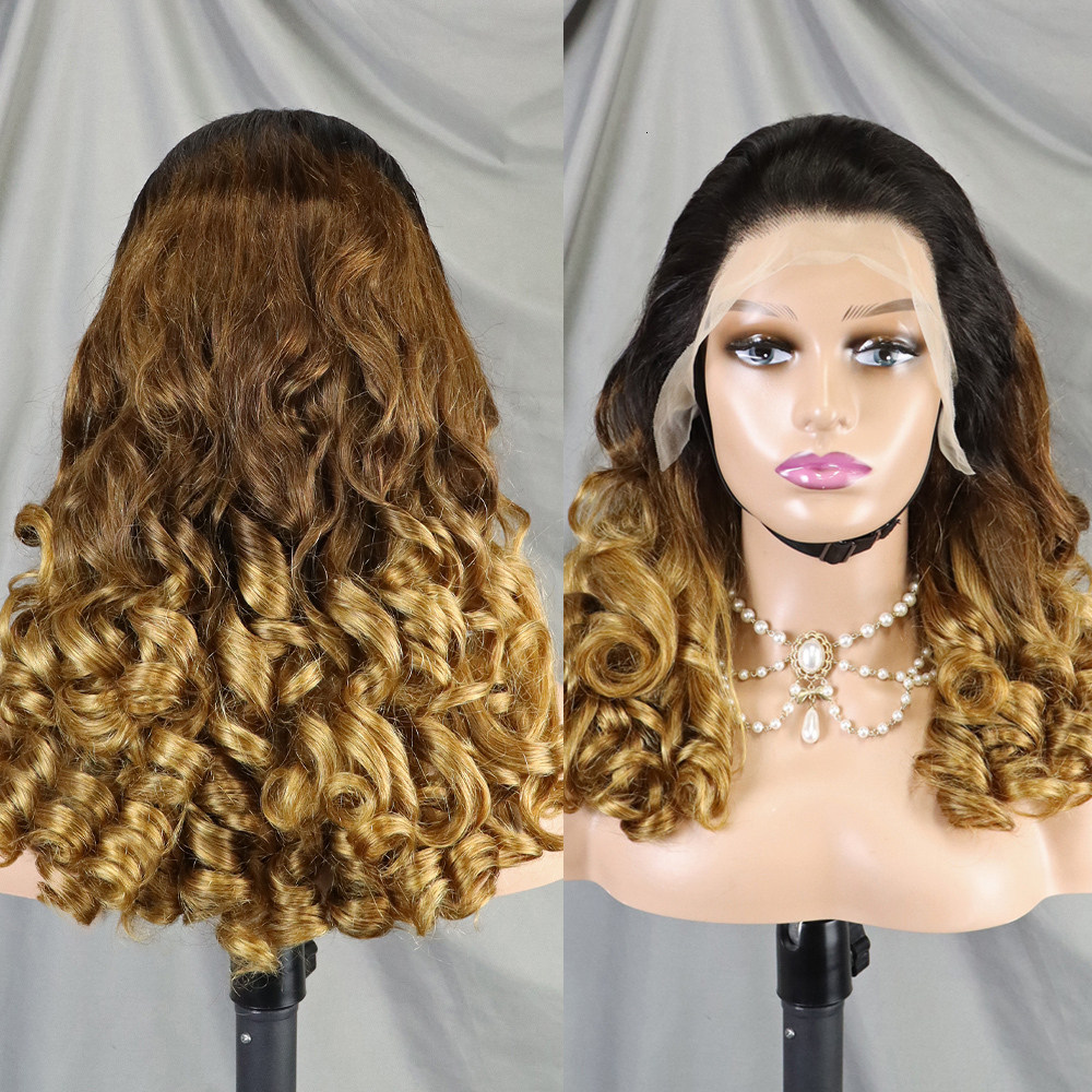 300 Density 100% Human Loose Wave Fumi Bouncy Curly Ombre Double Drawn Hair 13X4 HD Lace Frontal Wigs