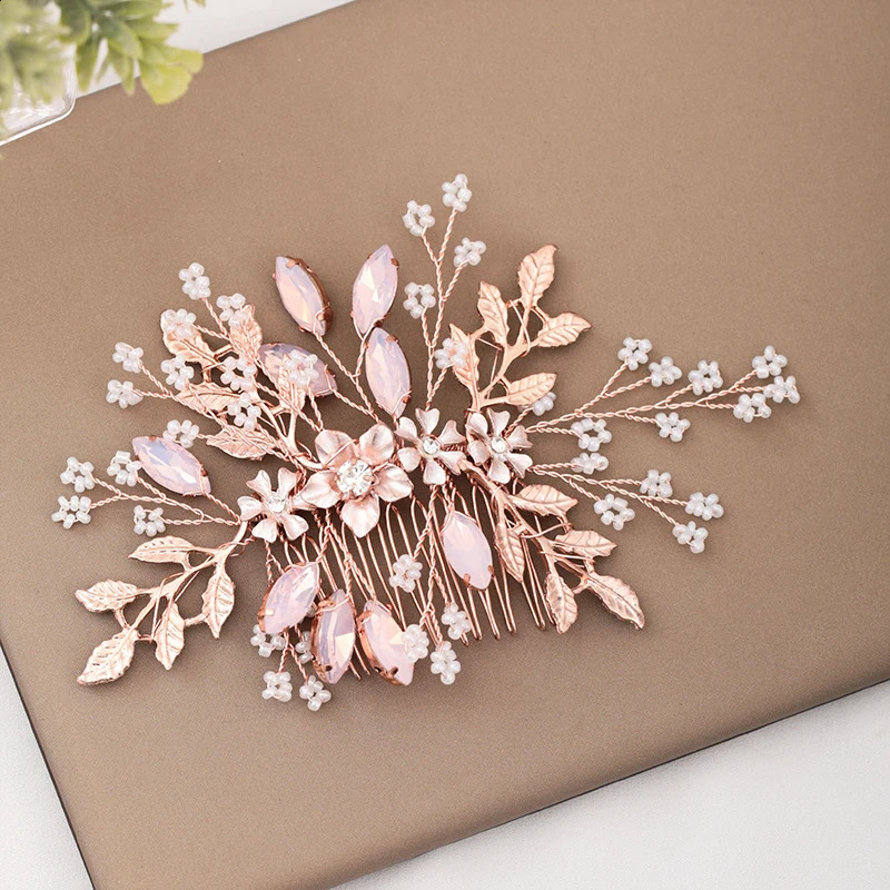 Rose Gold Wedding Hair Accessories Ladies Comb Flower Headdress Bride Hairpin Handmade Prom Tiara 241122