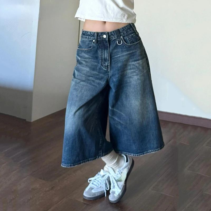 2024 Vintage Wash Whiskers Denim Shorts Women Low Rise Distressed Frayed Wide Leg Baggy Jeans Jorts Casual Summer Clothes 241204