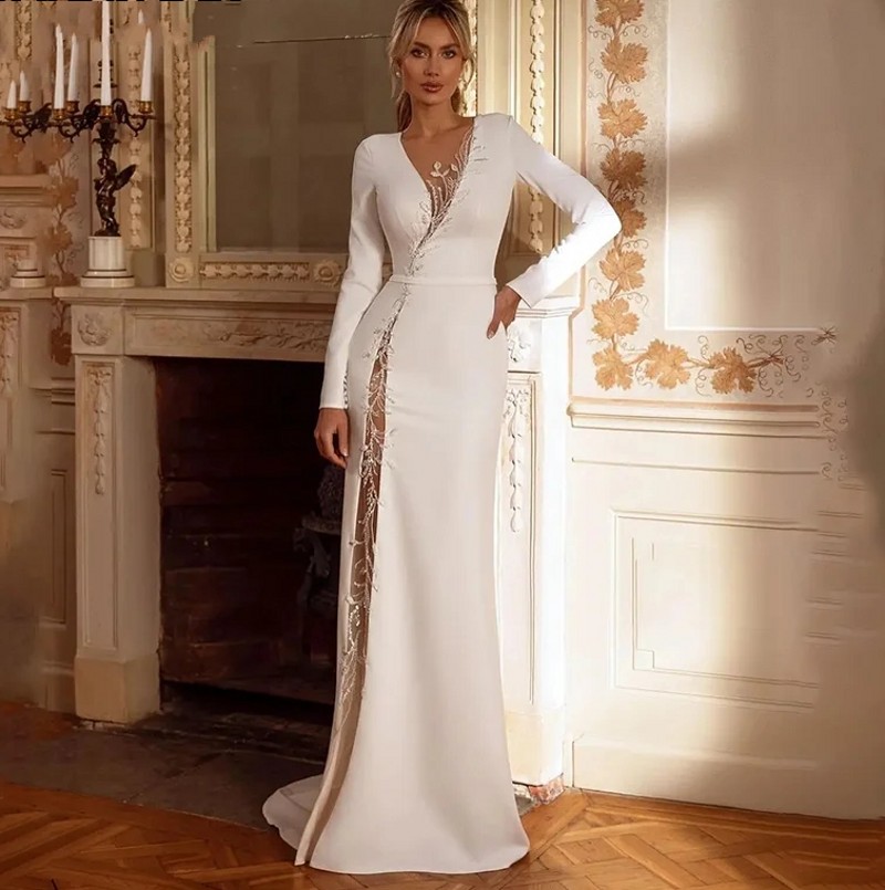 Mermaid Sexy Wedding Dresses V Neck Lace Beads Appliques Long Seeves Satin Bridal Bride Gowns Vestidos De Noiva estidos