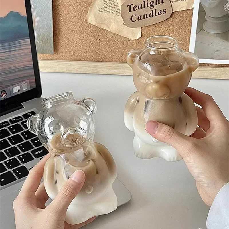 Cartoon Bear Shaped Coffee Mug Cute Bear Mug Glass Cup with Straw Glasses Cup Birthday Christmas Gifts for Women Kids FriendsXJ241205