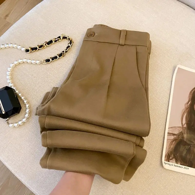 Elegant Woolen Pant Autumn Winter Fashion High Waist Trouser Female Casual Fleece Ninepoint Black Outwear Suit Pants 241205