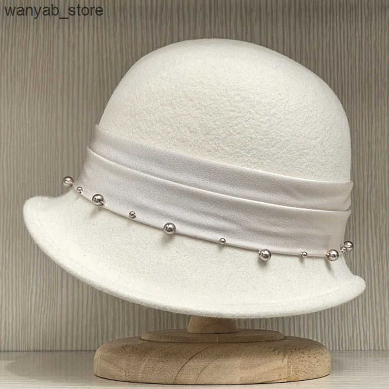 Cloches Fashion Slope Brim Felt Womens Hat Winter Wool Cloche Hat Ribbon with Pearl Bowling Hat Bucket with Bow Accent Church Party Hat L240910