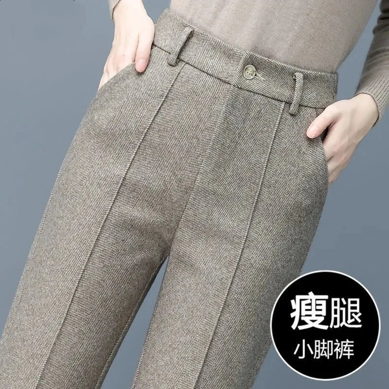 Womens Woolen Trousers 2024 Autumn Winter Fleece Elegant Straight Harem Pants Korean Version Female Warm Blazer Casual 241205