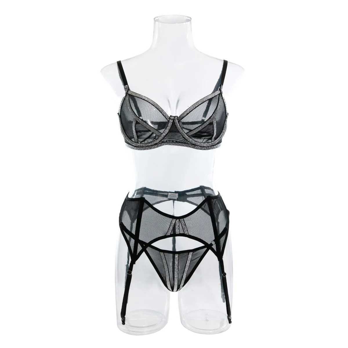 Women Glitter Shimmer Silver Bra Brief Suits Fashion Transparent Mesh Intimate Lingerie Outfit Erotic Sexy 3 Pieces UnderwearXJ241205