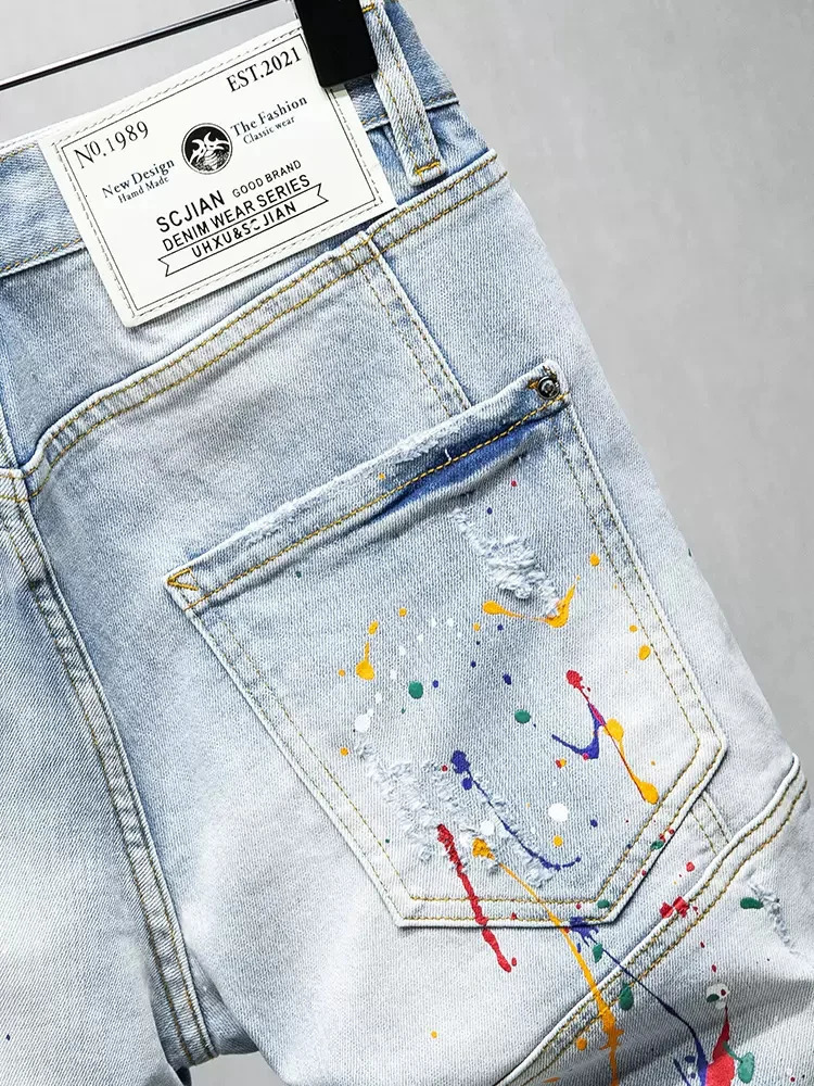 Summer Fashion Men Jeans Retro Light Blue Elastic Stretch Ripped Short Jeans Painted Spliced Hip Hop Denim Shorts Men 241205