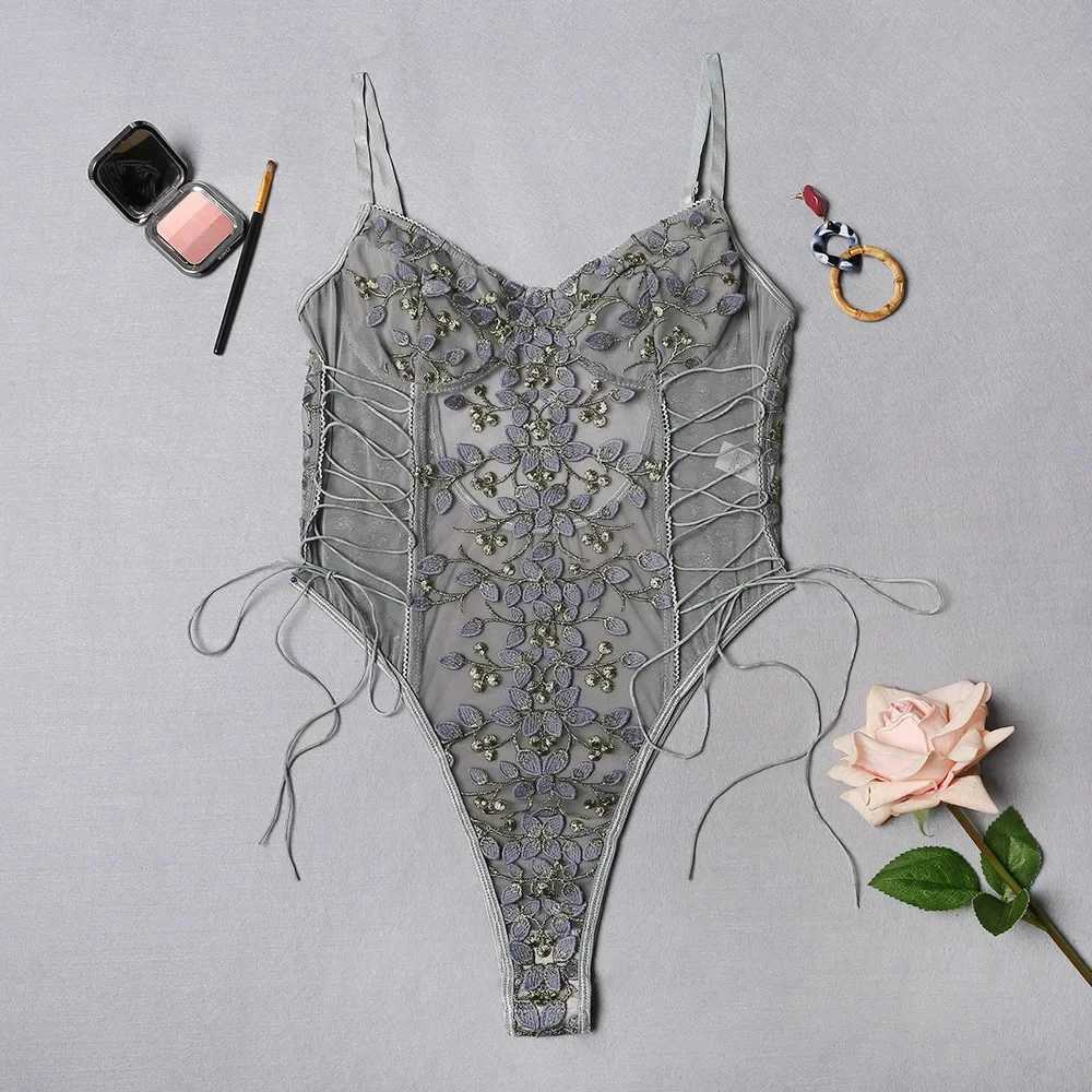 Womens Sweet Lace Embroidery Strap Lingerie Set Sexy Perspective Temptation Jumpsuit Female Solid Exotic Apparel SuitXJ241205