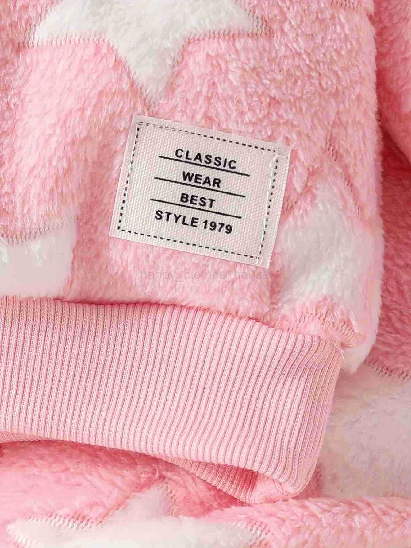 0-2 year old baby Autumn-winter five-pointed star pattern pink furry warm hooded top + pants two-piece setXJ241205