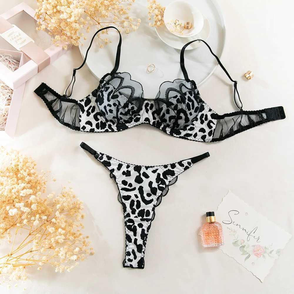 Leopard Print Lingerie Set 2-Piece Sheer Embroidery Bra + Brief Underwear Set Sexy IntimatesXJ241205
