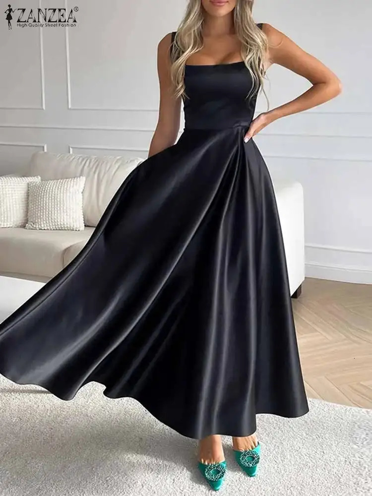 ZANZEA Sexy Square Neck Maxi Dress Women Fashion Satin Silk Waisted Party Dress Elegant Solid Color Umbrella Vestido Summer Robe 241205