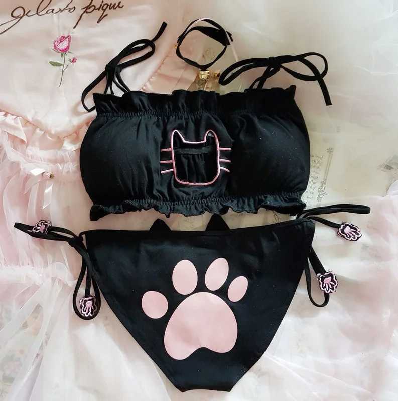 Japanese anime cos sexy cute Cat girl cotton hollow Out Sexy Open Chest Lace-up Underwear Set Cosplay Cute lace panties setXJ241205