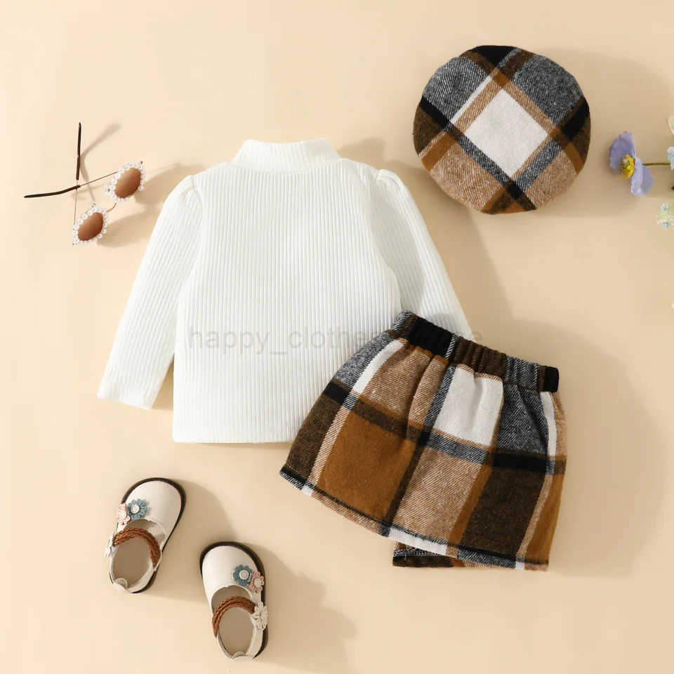Infant Spring Autumn Long Sleeve Top andDress Set 6-18months Baby Girl Solid ColorTop Houndstooth Half Skirt BeretXJ241205