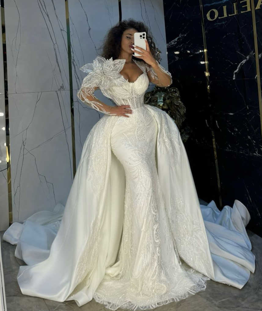 Modern Lace Sequined Mermaid Wedding Dresses Women Glitter Beading Floral Appliques Bride Dresses Customized Bridal Gown