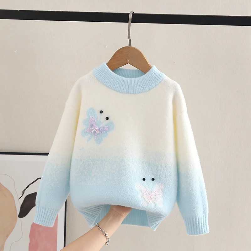 Sweater Girl Elegant Butterfly Pattern Knitted Zipper O-neck Fur Casual Childrens Top Keep Girls Warm Knitted HY07261 W241205
