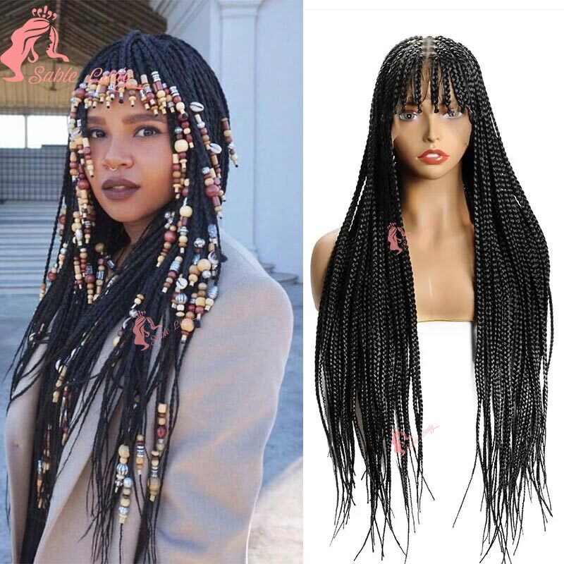 Synthetic Full Box Braided With Bangs For Black Women Lace Front Twisted Knotless Crochet Cornrow Braid Wig