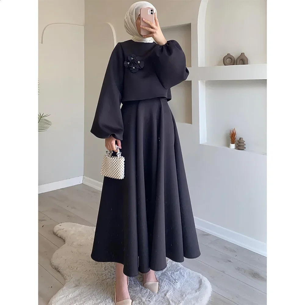 Eid Dubai Fashion Set 2 Piece Women Lantern Sleeve Top Shirt Skirts Suits Musulman Ensembles Jalabiya Appliques Muslim Sets 241205